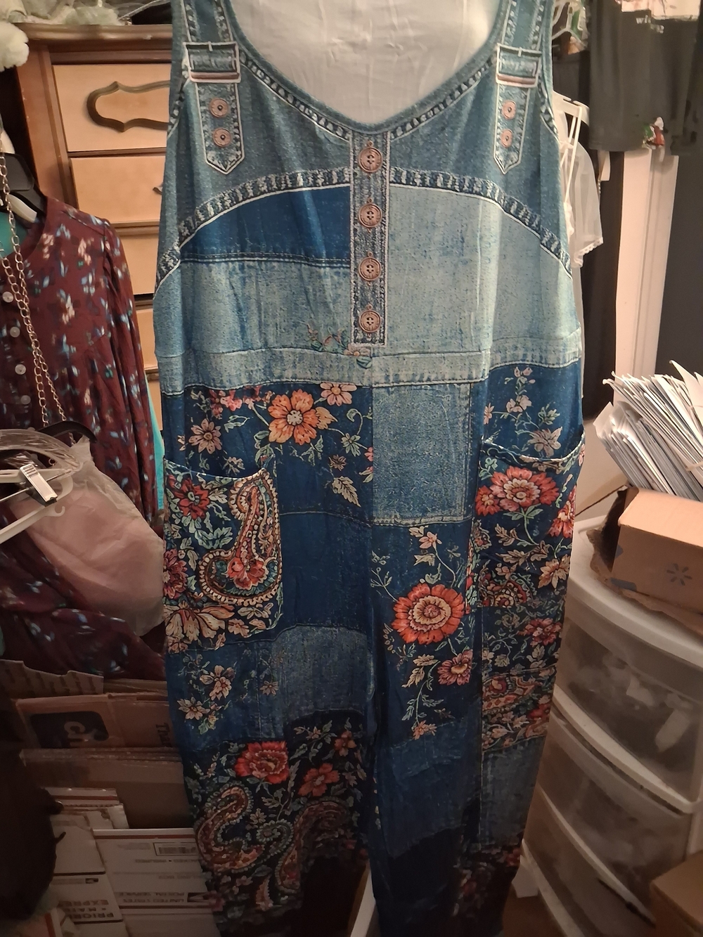 New,Bohemian Knit Paisley Patchwork Floral 3d Print Slip On Overall,Pockets M